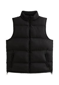 Gilet imbottito nero con collo alto, chiusura frontale con zip e due tasche laterali con zip. Tessuto liscio e strutturato con un design boxy e isolato.