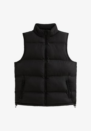 Zwarte gewatteerde vest met een hoge kraag, rits aan de voorkant en twee zijzakken met rits. Glad, gestructureerd stof met een boxy, geïsoleerd ontwerp.