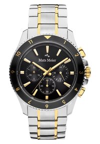 Montre chronographe avec un cadran noir, un bracelet en acier inoxydable or et argent, des accents dorés et une lunette résistante à l'eau.