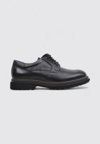 Chaussures de ville pour hommes en cuir noir avec lacets, semelle cousue et talon texturé, présentées en profil latéral droit sur un fond uni.