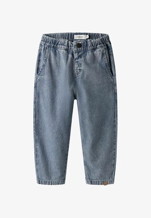 Jasnoniebieskie spodnie dżinsowe z elastycznym pasem, zapięciem na guzik, przednimi kieszeniami, zwężanymi nogawkami oraz małą tkana metką z tyłu.