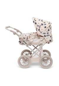 Passeggino con tessuto rosa pallido caratterizzato da motivi di nuvole e palloncini. Struttura beige robusta con quattro ruote, cappottina regolabile e scomparto in rete.