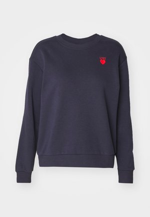 Navy blue sweatshirt with ribbed cuffs and hem. Features red embroidered text "LOVE" and heart detail on the left chest. Soft texture.