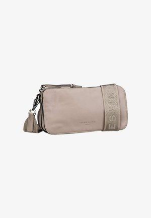 Beige leather crossbody bag with a textured accent strap, zip closure, and embossed logo. Features smooth finish and minimalist design.
