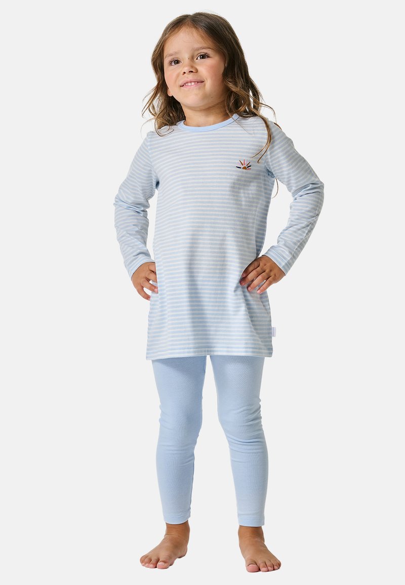 Light blue striped long-sleeve top with a round neckline and small embroidered design, paired with matching light blue leggings.