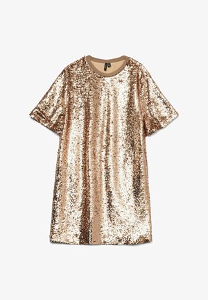 Paillette jurk in goudtinten, korte mouwen en een ronde halslijn. Heeft een glanzende textuur met een losse, rechte pasvorm.