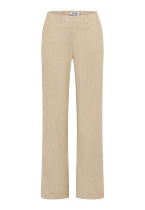 Beige bukser med lige ben, elastisk taljebånd og uden synlige lommer eller pynt, vist på en hvid baggrund.