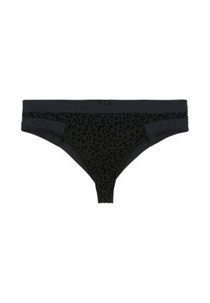Bas de bikini noir avec une texture en imprimé léopard au centre, présentant une finition lisse et une taille élastique. Design à coupe classique.