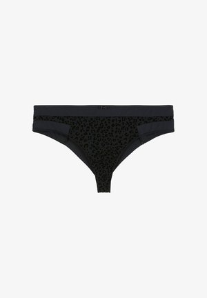 Bas de bikini noir avec une texture en imprimé léopard au centre, présentant une finition lisse et une taille élastique. Design à coupe classique.