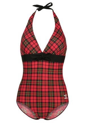 Rot karierte Einteilige Badeanzug mit Halterneck, schwarzem Taillenbund, Schleifenakzent und kontrastierenden grünen und schwarzen Mustern im gesamten Design.