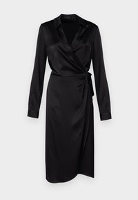 Black satin wrap dress with long sleeves, a collar, and a side tie detail, featuring a smooth texture and knee-length design.