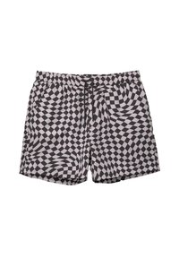 Czarno-białe szorty kąpielowe w kratkę z elastycznym paskiem w talii i sznurkiem. Posiadają falisty wzór oraz lekką tkaninę.