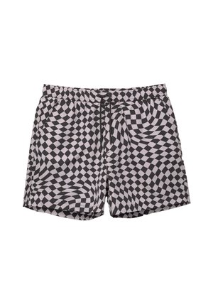 Costum de baie cu carouri alb-negru, cu talie elastică și șnur. Prezintă un model ondulat și un material ușor.