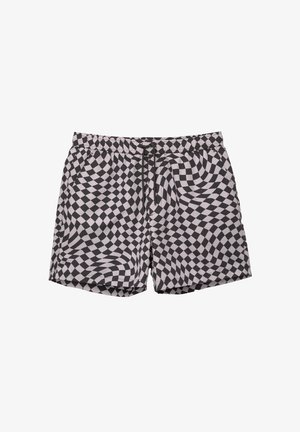 Costumi da bagno a scacchi bianchi e neri con vita elastica e cordino. Presentano un motivo ondulato e un tessuto leggero.