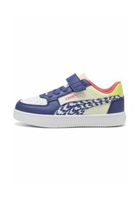 Retro stílusú sneaker, fehér és lila bőr felsőrésszel, sárga akcentusokkal, houndstooth minta és tépőzáras pánttal. Gumi talp.