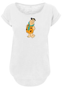 Weißes T-Shirt mit kurzen Ärmeln, das eine Cartoon-Figur mit dunklen Haaren und einem blauen Schal zeigt, sowie einem orangen Outfit, das mit schwarzen Punkten verziert ist.