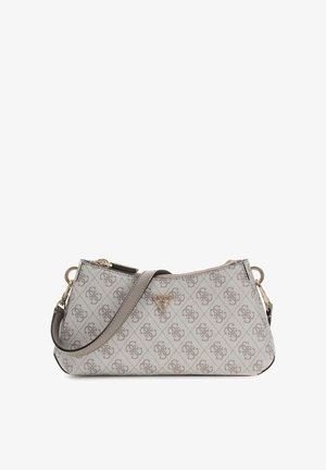 Sac à main en tissu gris avec motif logo, forme incurvée, fermeture éclair et bandoulière ajustable. Ferrures dorées aux extrémités.