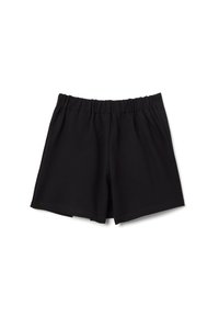 Shorts noirs à taille élastique, posés à plat, conçus pour le confort et un usage quotidien.