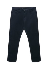 Marineblaue Cordhosen mit geradem Bein,  fünf Taschen, Knopfverschluss und elastischem Bund für Komfort.
