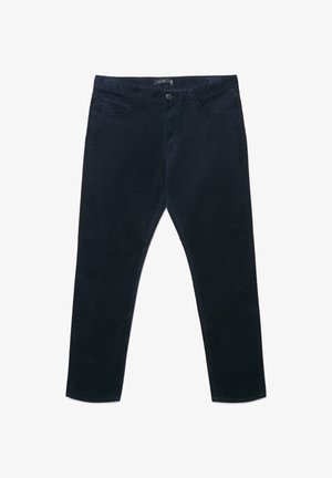 Marineblaue Cordhosen mit geradem Bein, fünf Taschen, Knopfverschluss und elastischem Bund für Komfort.