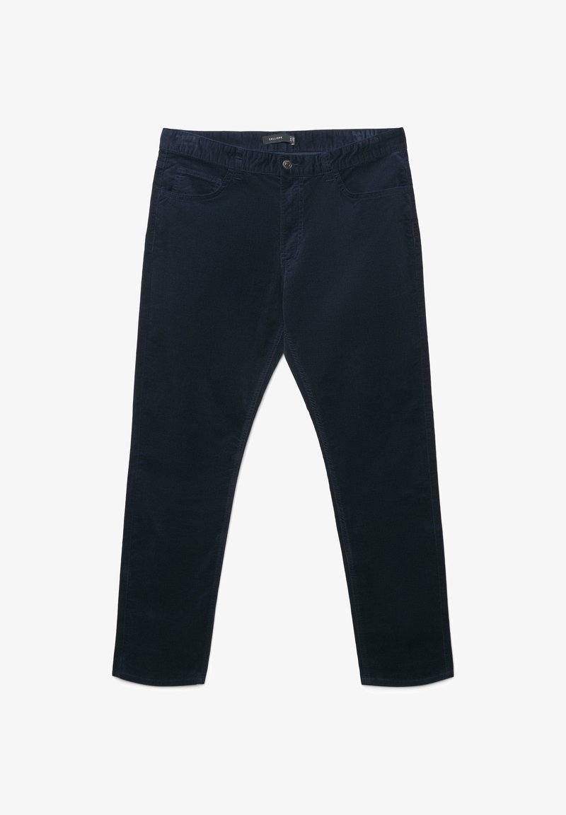 Pantaloni in corduroy blu marino con design a gamba dritta, dotati di cinque tasche, chiusura con bottone e cintura elasticizzata per il comfort.