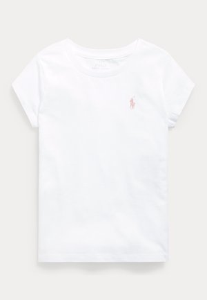 Bílý bavlněný tričko s krátkým rukávem a kulatým výstřihem. Na levé straně hrudi se nachází malé vyšívané růžové logo.