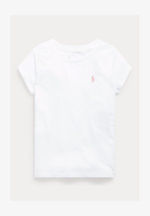 T-shirt branca de algodão com mangas curtas e decote redondo. Apresenta um pequeno logótipo bordado em rosa na área do peito esquerdo.