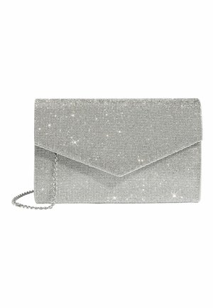 Strieborná obdĺžniková listová kabelka s trblietavými kryštálikmi a tenkým strieborným reťazovým remienkom, zapínanie na preklopný klapák.