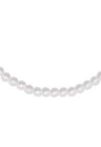 Weißes Perlenhalsband mit gleichmäßig geformten, glänzenden runden Perlen, die zusammen aufgereiht sind. Es zeichnet sich durch eine glatte Textur und klassische Eleganz aus.