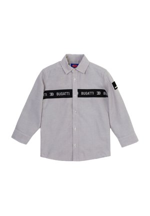 Jasnoszara koszula z długim rękawem i guzikami, z czarnym, poziomym pasem na wysokości klatki piersiowej z napisem "BUGATTI" i logo. Kołnierzyk oraz mały detal na rękawie.