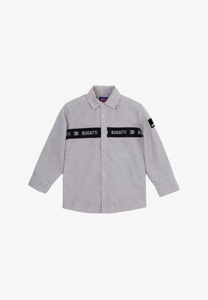 Chemise à manches longues gris clair avec bande horizontale noire traversant la poitrine, arborant le texte "BUGATTI" et le logo. Col et petit détail sur la manche.