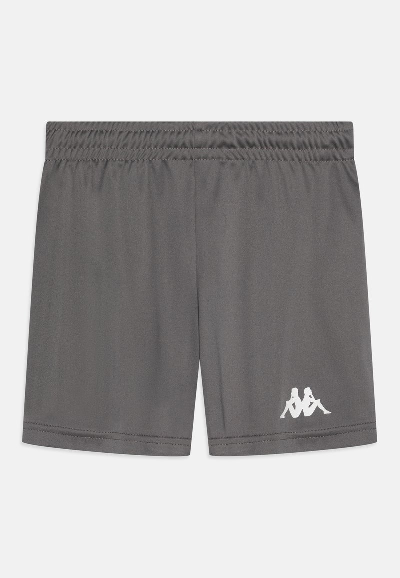 Grå träningsshorts i slätt tyg med elastisk midja. Har en vit logotyp på nedre vänstra sidan.