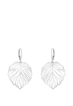 Boucles d'oreilles pendantes argentées en forme de feuilles ajourées stylisées avec des fermoirs à levier, présentées sur un fond blanc.
