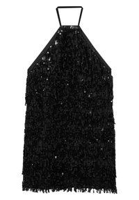 Robe mini noire à col licou, recouverte de sequins brillants en couches, avec fines bretelles et ourlet à franges.