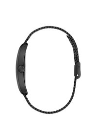 Schwarze Smartwatch mit einem eleganten, runden Gehäuse, strukturiertem schwarzen Armband mit gewebtem Design und einem Druckknopfverschluss.