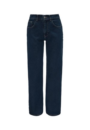 Tmavě modré džíny z denimu se střihem rovného nohavice, obsahující pět kapes a klasické zapínání na knoflík a zip. Žádné rozlišující vzory.