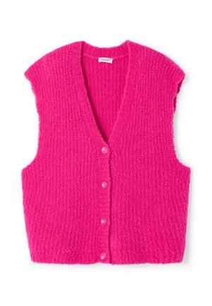 Chaleco de felpa en rosa brillante, con escote en V profundo, mangas de capa y cinco botones a juego en la parte delantera. Textura suave y diseño ligero.