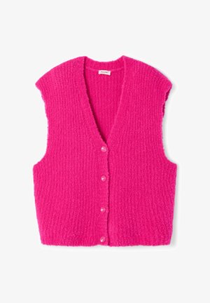 Chaleco de felpa en rosa brillante, con escote en V profundo, mangas de capa y cinco botones a juego en la parte delantera. Textura suave y diseño ligero.