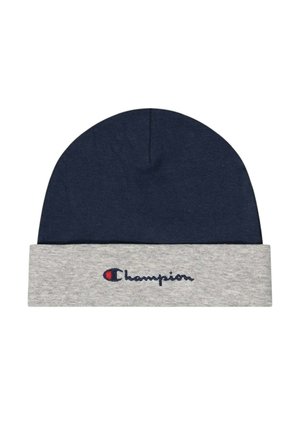 Berretto blu navy con risvolto grigio ricamato con il logo Champion in filo blu navy e rosso al centro del risvolto.