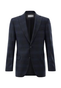 Marine kariertes Blazer aus strukturiertem Stoff mit einem Zwei-Knopf-Verschluss, Reverskragen und zwei vorderen Taschen. Futter im Inneren sichtbar.