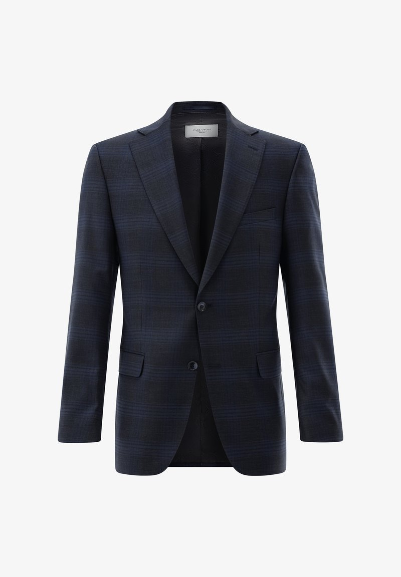 Marine kariertes Blazer aus strukturiertem Stoff mit einem Zwei-Knopf-Verschluss, Reverskragen und zwei vorderen Taschen. Futter im Inneren sichtbar.