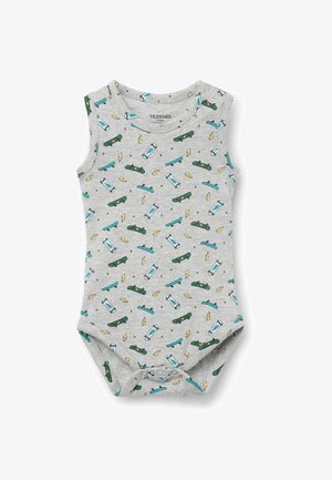 Gray cotton bodysuit with sleeveless design featuring colorful skateboard and lightning patterns. Snap closures at the bottom for easy dressing.