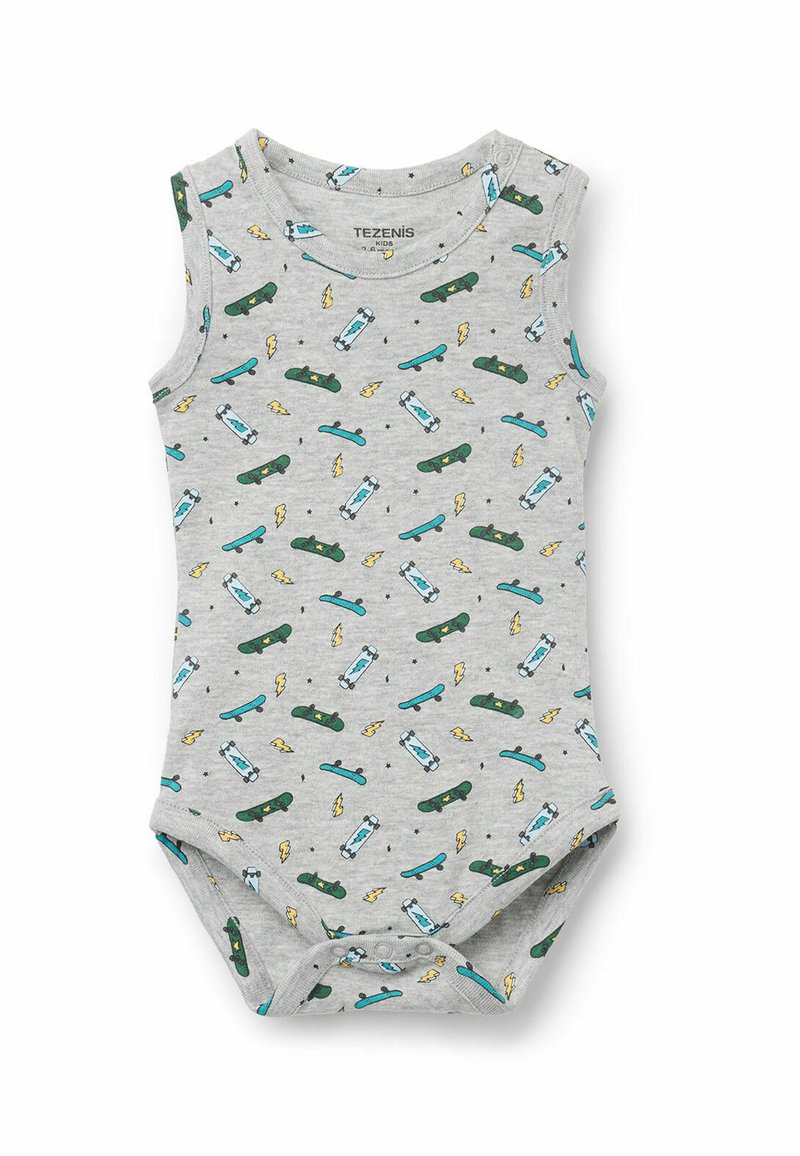 Šedý bavlněný body bez rukávů, který se vyznačuje pestrými vzory skateboardů a blesků. Zapínání na patentky na spodní části pro snadné oblékání.