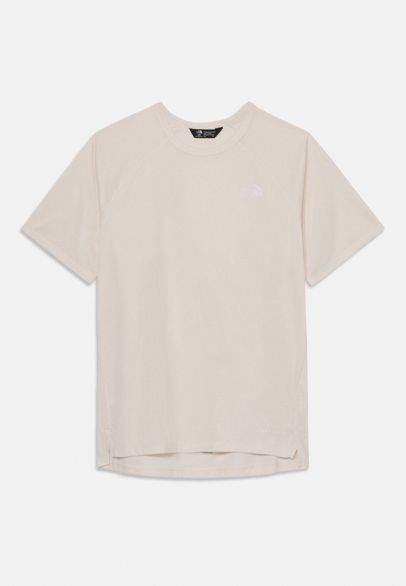 Light beige short-sleeve t-shirt with a round crew neck. Features a subtle brand logo on the chest and side slits at the hem for ease of movement.