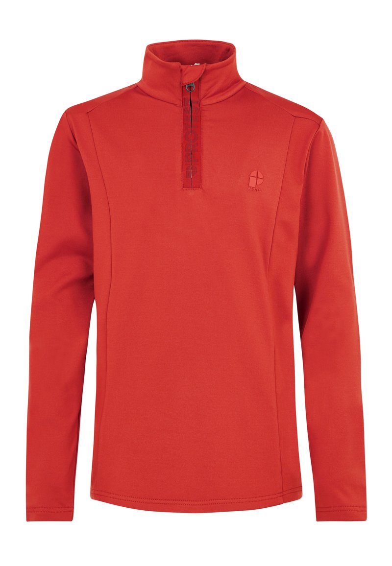 Pullover rosso a maniche lunghe con collo a zip, realizzato in tessuto morbido. Presenta un logo sul petto e cuciture piatte. Vestibilità atletica.