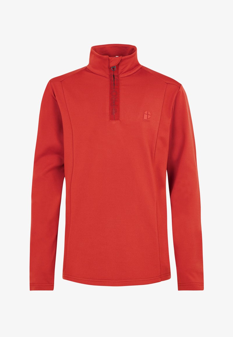 Pullover rosso a maniche lunghe con collo a zip, realizzato in tessuto morbido. Presenta un logo sul petto e cuciture piatte. Vestibilità atletica.