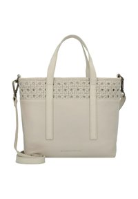 Beige Lederhandtasche mit gewebtem oberen Abschnitt, doppelten Griffen und abnehmbarem Schultergurt. Verfügt über ein geprägtens Markenlogo auf der Vorderseite.