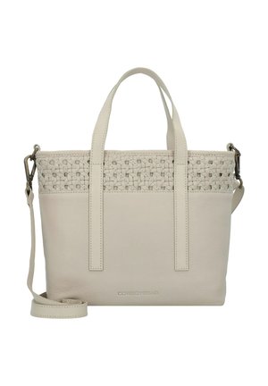 Borsa a mano in pelle beige con sezione superiore intrecciata, doppi manici e tracolla removibile. Presenta il logo del marchio in rilievo sul fronte.