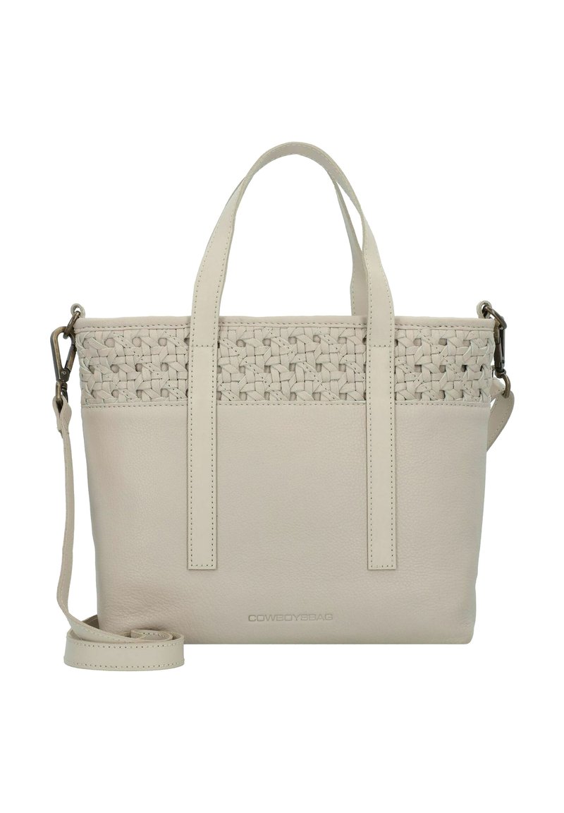 Beige Lederhandtasche mit gewebtem oberen Abschnitt, doppelten Griffen und abnehmbarem Schultergurt. Verfügt über ein geprägtens Markenlogo auf der Vorderseite.