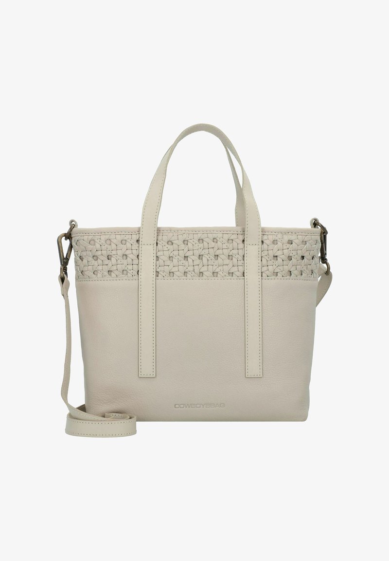 Beige Lederhandtasche mit gewebtem oberen Abschnitt, doppelten Griffen und abnehmbarem Schultergurt. Verfügt über ein geprägtens Markenlogo auf der Vorderseite.